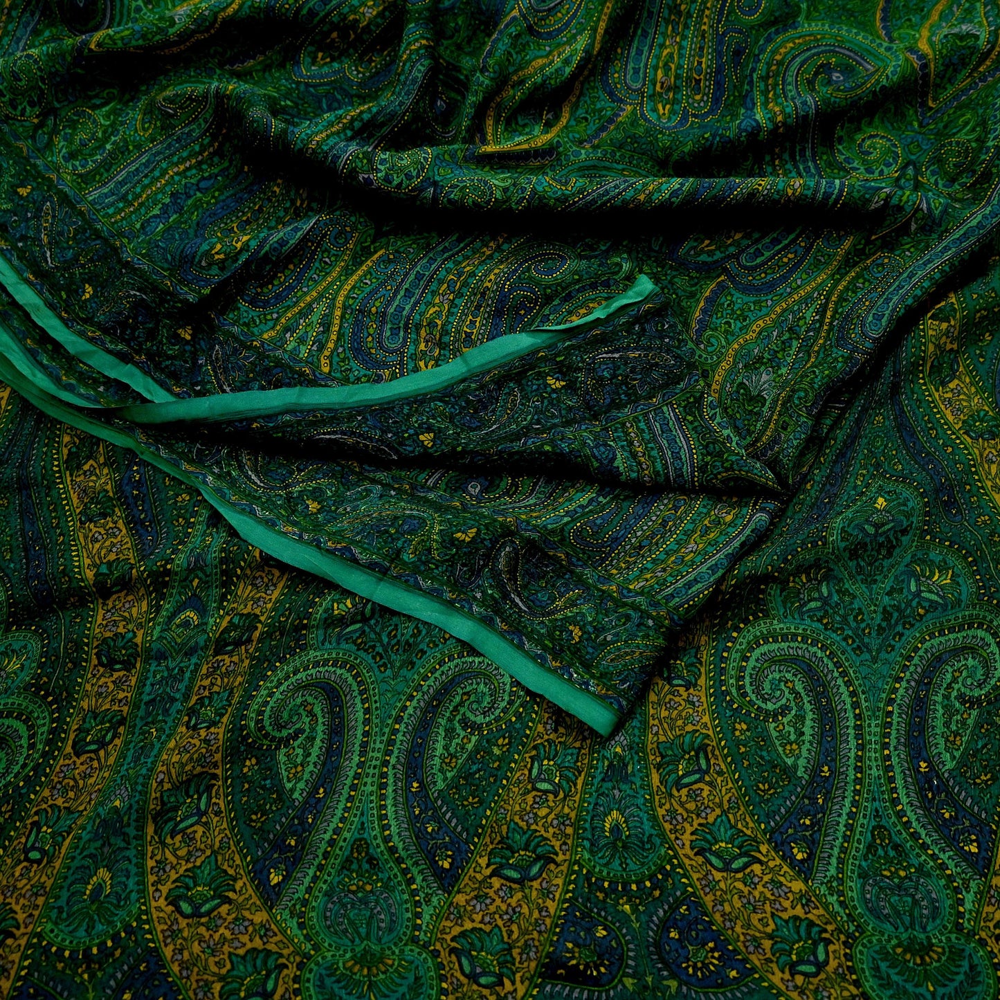 Women Vintage Sari Green Pure Chiffon Silk Printed Sarees Craft Fabric Sewing 5Yd Soft Dress Making Crafting Quilting Upcycle Used