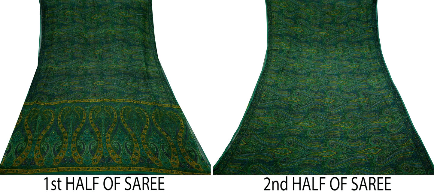 Women Vintage Sari Green Pure Chiffon Silk Printed Sarees Craft Fabric Sewing 5Yd Soft Dress Making Crafting Quilting Upcycle Used