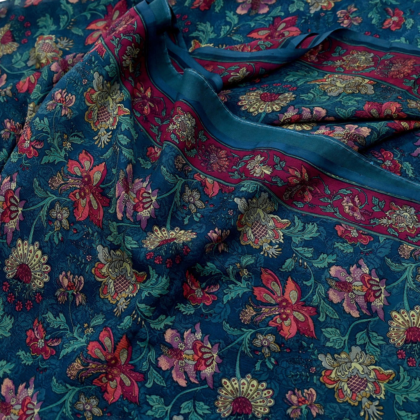 Women Vintage Sari Green Pure Chiffon Silk Printed Sarees Craft Fabric Sewing 5Yd Soft Dress Making Crafting Quilting Upcycle Used