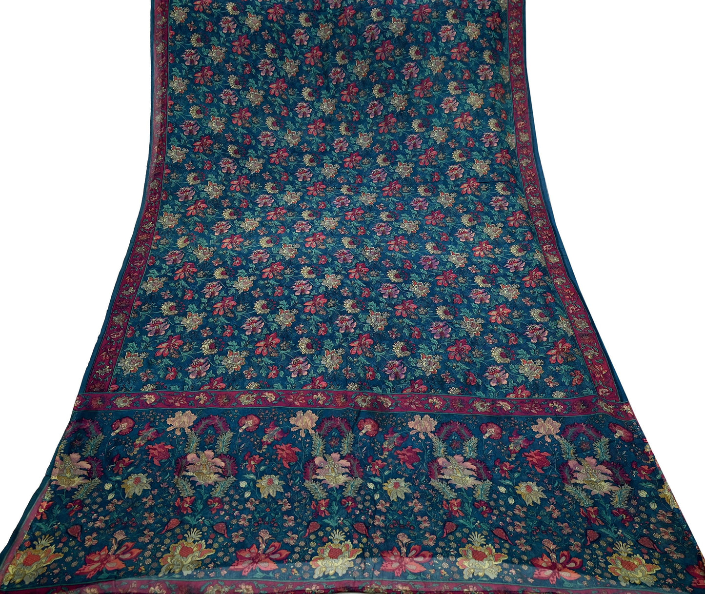 Women Vintage Sari Green Pure Chiffon Silk Printed Sarees Craft Fabric Sewing 5Yd Soft Dress Making Crafting Quilting Upcycle Used