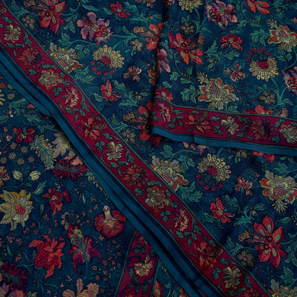 Women Vintage Sari Green Pure Chiffon Silk Printed Sarees Craft Fabric Sewing 5Yd Soft Dress Making Crafting Quilting Upcycle Used