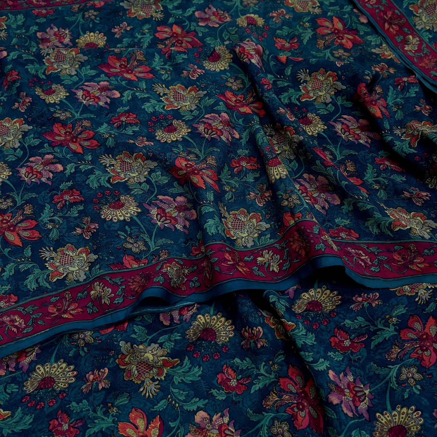 Women Vintage Sari Green Pure Chiffon Silk Printed Sarees Craft Fabric Sewing 5Yd Soft Dress Making Crafting Quilting Upcycle Used