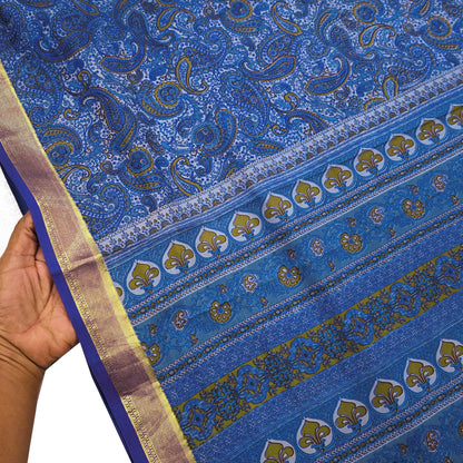 Vintage Sari Blue Pure Silk Printed Saree Fabric 5yard Sewing Soft Dress Designing for Crafting Quilting Upcycle Soft Zari Border