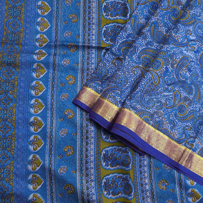 Vintage Sari Blue Pure Silk Printed Saree Fabric 5yard Sewing Soft Dress Designing for Crafting Quilting Upcycle Soft Zari Border