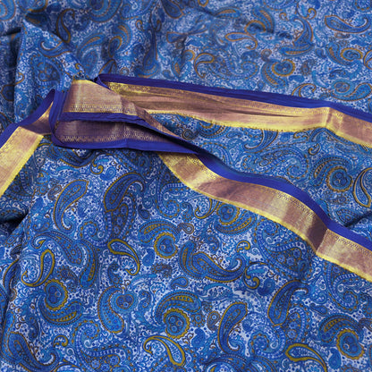 Vintage Sari Blue Pure Silk Printed Saree Fabric 5yard Sewing Soft Dress Designing for Crafting Quilting Upcycle Soft Zari Border