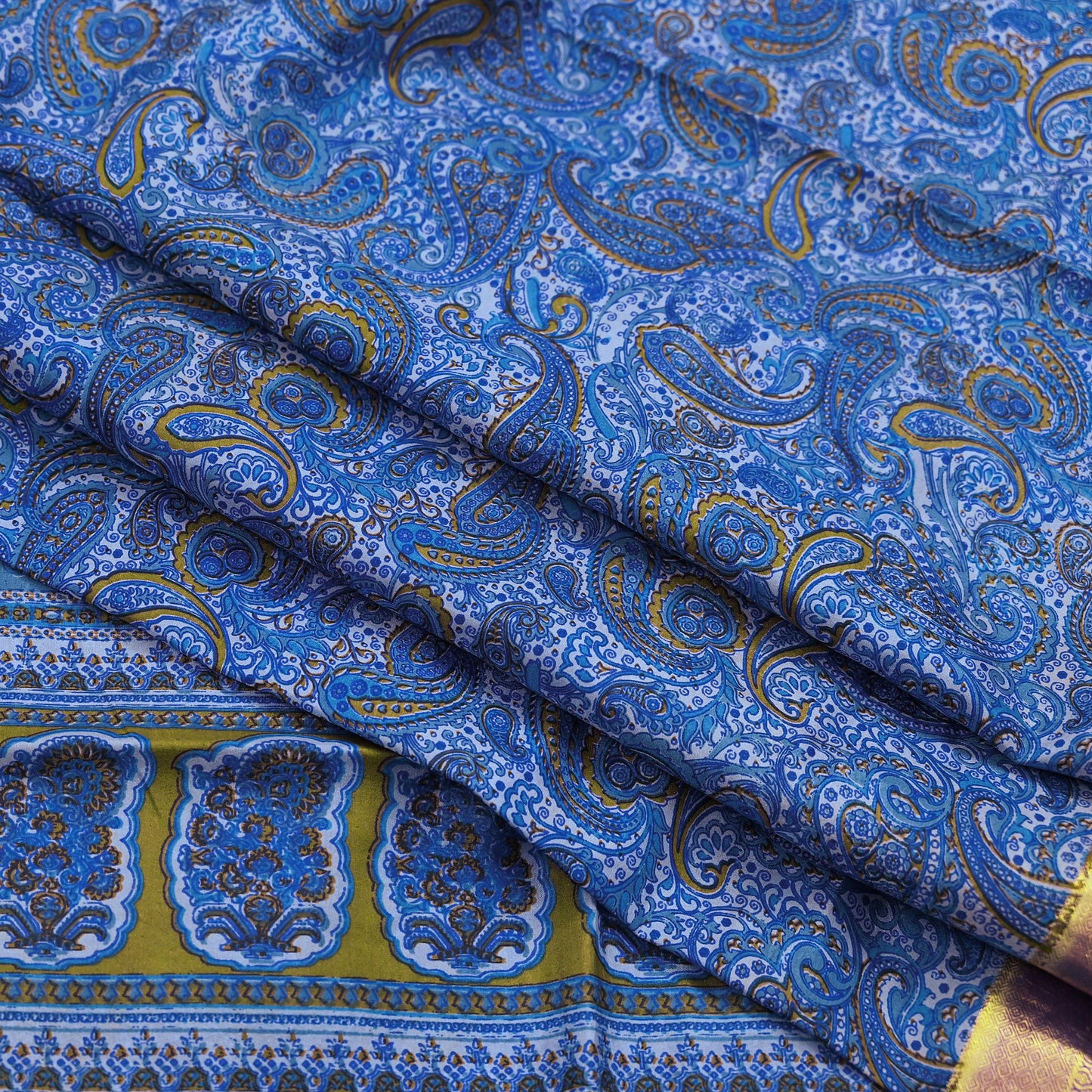 Vintage Sari Blue Pure Silk Printed Saree Fabric 5yard Sewing Soft Dress Designing for Crafting Quilting Upcycle Soft Zari Border