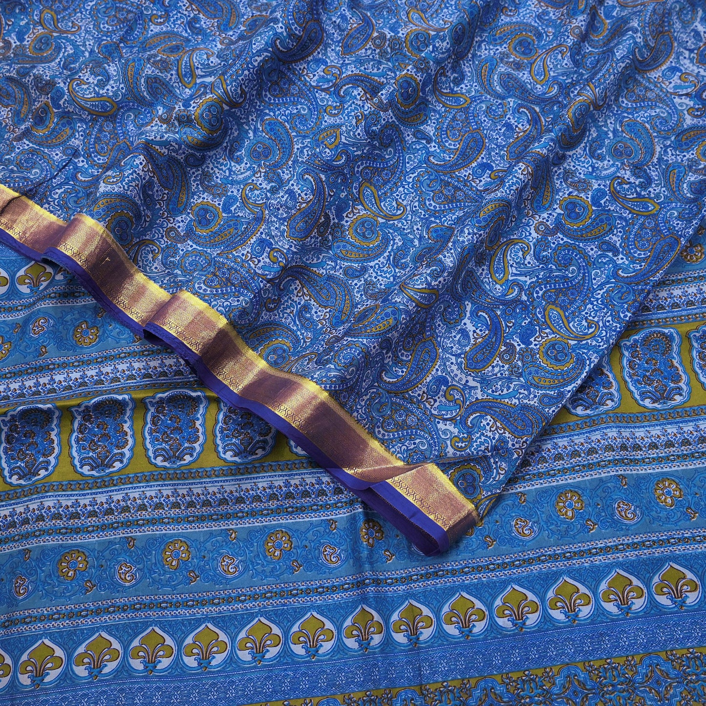 Vintage Sari Blue Pure Silk Printed Saree Fabric 5yard Sewing Soft Dress Designing for Crafting Quilting Upcycle Soft Zari Border