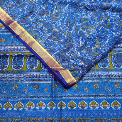 Vintage Sari Blue Pure Silk Printed Saree Fabric 5yard Sewing Soft Dress Designing for Crafting Quilting Upcycle Soft Zari Border