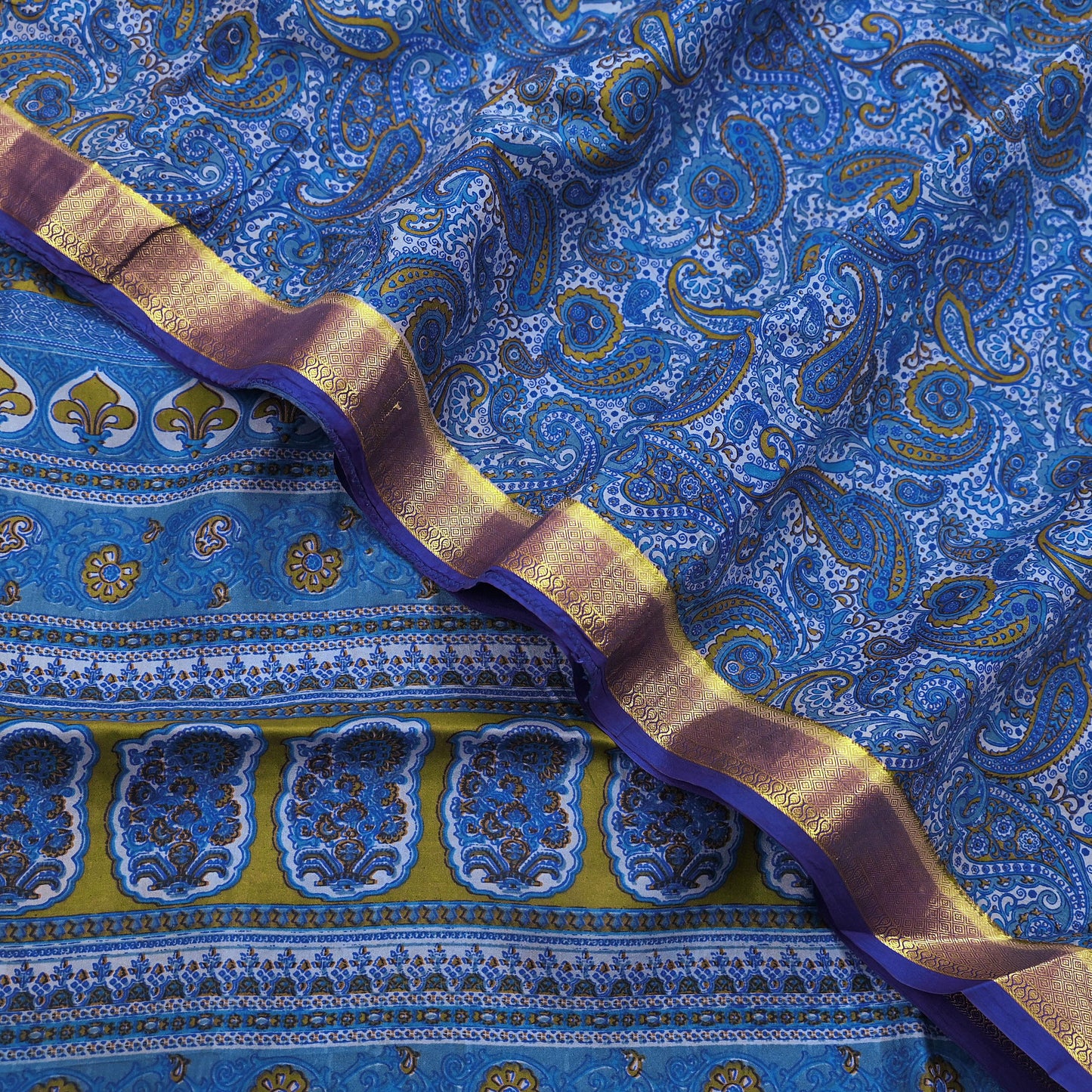 Vintage Sari Blue Pure Silk Printed Saree Fabric 5yard Sewing Soft Dress Designing for Crafting Quilting Upcycle Soft Zari Border