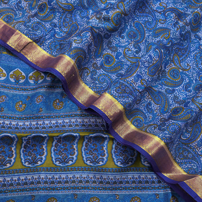 Vintage Sari Blue Pure Silk Printed Saree Fabric 5yard Sewing Soft Dress Designing for Crafting Quilting Upcycle Soft Zari Border