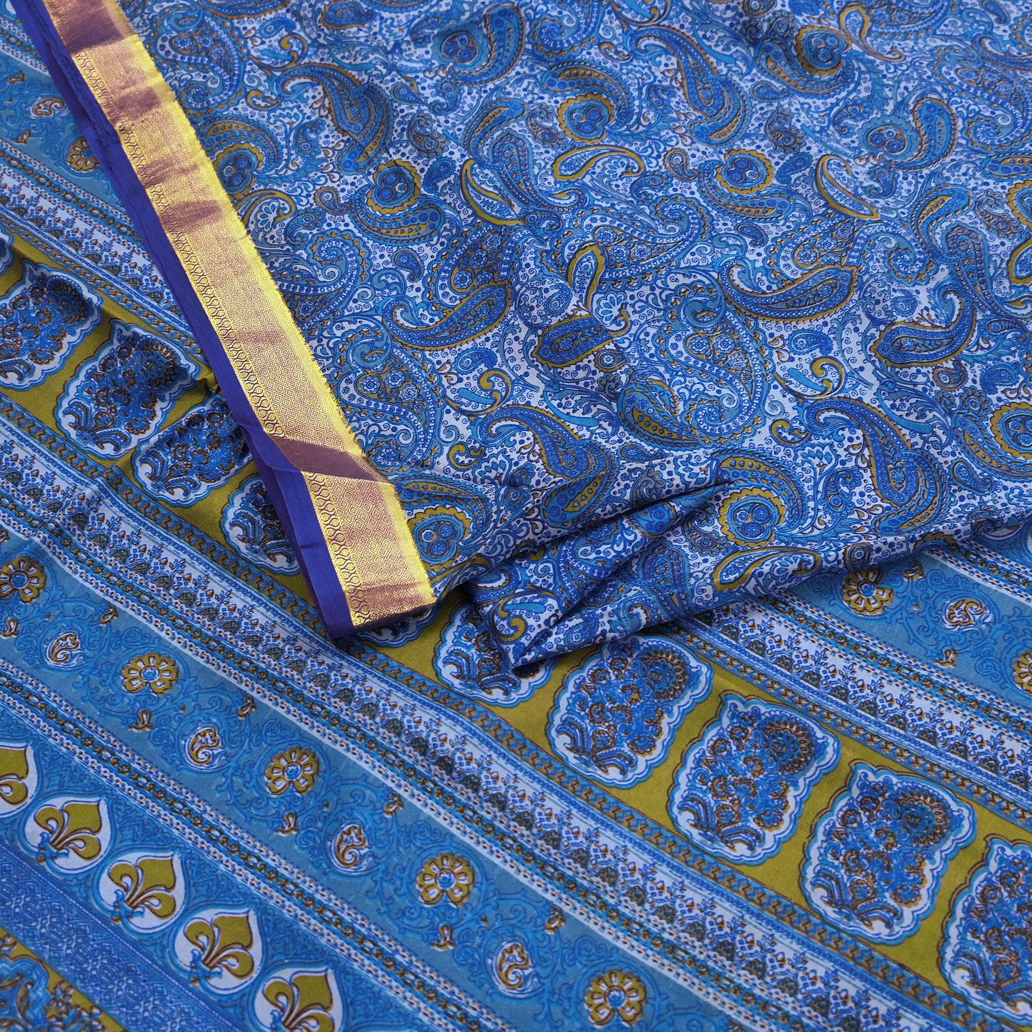 Vintage Sari Blue Pure Silk Printed Saree Fabric 5yard Sewing Soft Dress Designing for Crafting Quilting Upcycle Soft Zari Border