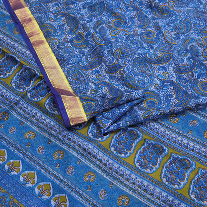 Vintage Sari Blue Pure Silk Printed Saree Fabric 5yard Sewing Soft Dress Designing for Crafting Quilting Upcycle Soft Zari Border