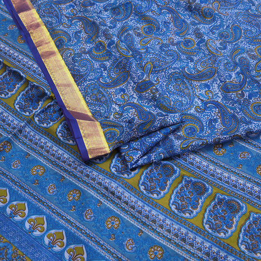Vintage Sari Blue Pure Silk Printed Saree Fabric 5yard Sewing Soft Dress Designing for Crafting Quilting Upcycle Soft Zari Border