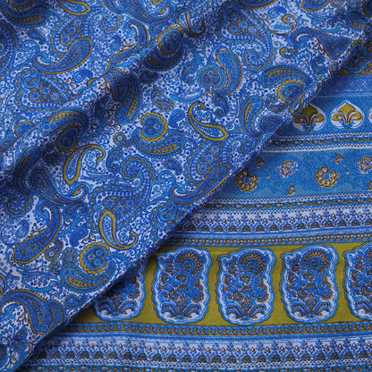 Vintage Sari Blue Pure Silk Printed Saree Fabric 5yard Sewing Soft Dress Designing for Crafting Quilting Upcycle Soft Zari Border