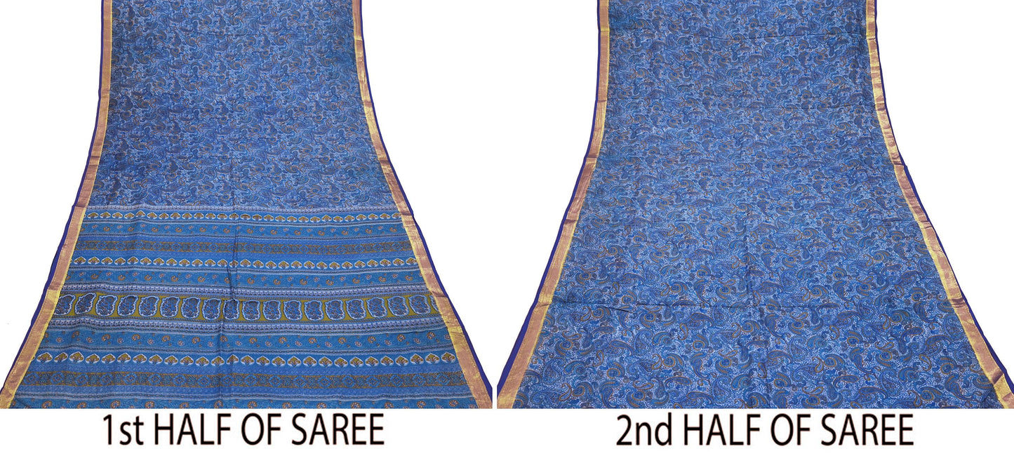 Vintage Sari Blue Pure Silk Printed Saree Fabric 5yard Sewing Soft Dress Designing for Crafting Quilting Upcycle Soft Zari Border