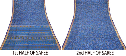 Vintage Sari Blue Pure Silk Printed Saree Fabric 5yard Sewing Soft Dress Designing for Crafting Quilting Upcycle Soft Zari Border