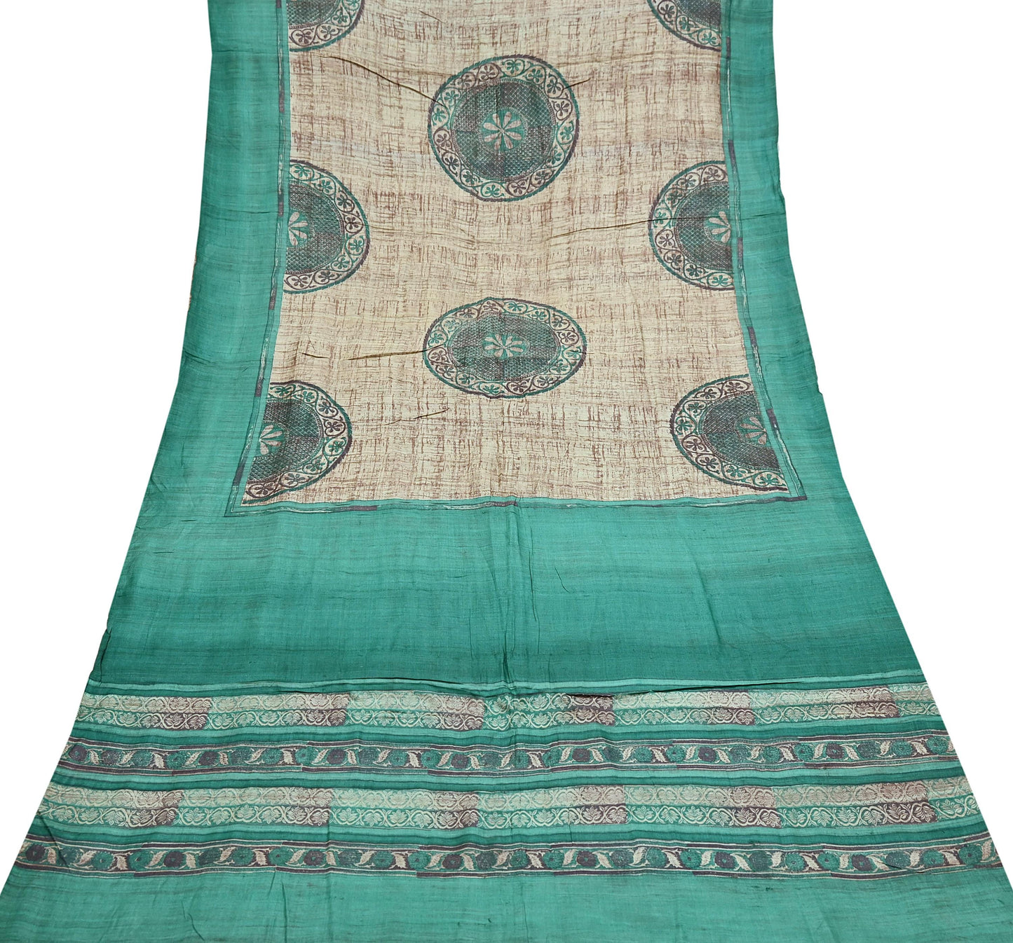 Indian Vintage Green & Beige Saree Pure Khadi Silk Handloom Printed Sari Fabric 5yd Ethnic Wear Sari Stripes Designs Dress making Crafting