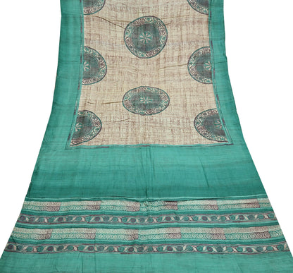 Indian Vintage Green & Beige Saree Pure Khadi Silk Handloom Printed Sari Fabric 5yd Ethnic Wear Sari Stripes Designs Dress making Crafting