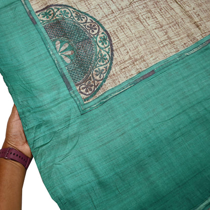Indian Vintage Green & Beige Saree Pure Khadi Silk Handloom Printed Sari Fabric 5yd Ethnic Wear Sari Stripes Designs Dress making Crafting