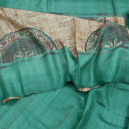 Indian Vintage Green & Beige Saree Pure Khadi Silk Handloom Printed Sari Fabric 5yd Ethnic Wear Sari Stripes Designs Dress making Crafting