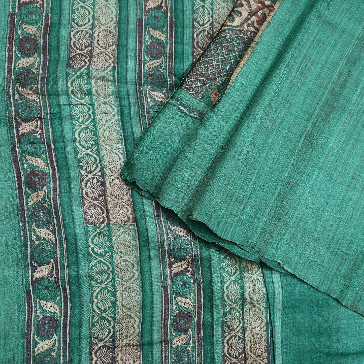 Indian Vintage Green & Beige Saree Pure Khadi Silk Handloom Printed Sari Fabric 5yd Ethnic Wear Sari Stripes Designs Dress making Crafting