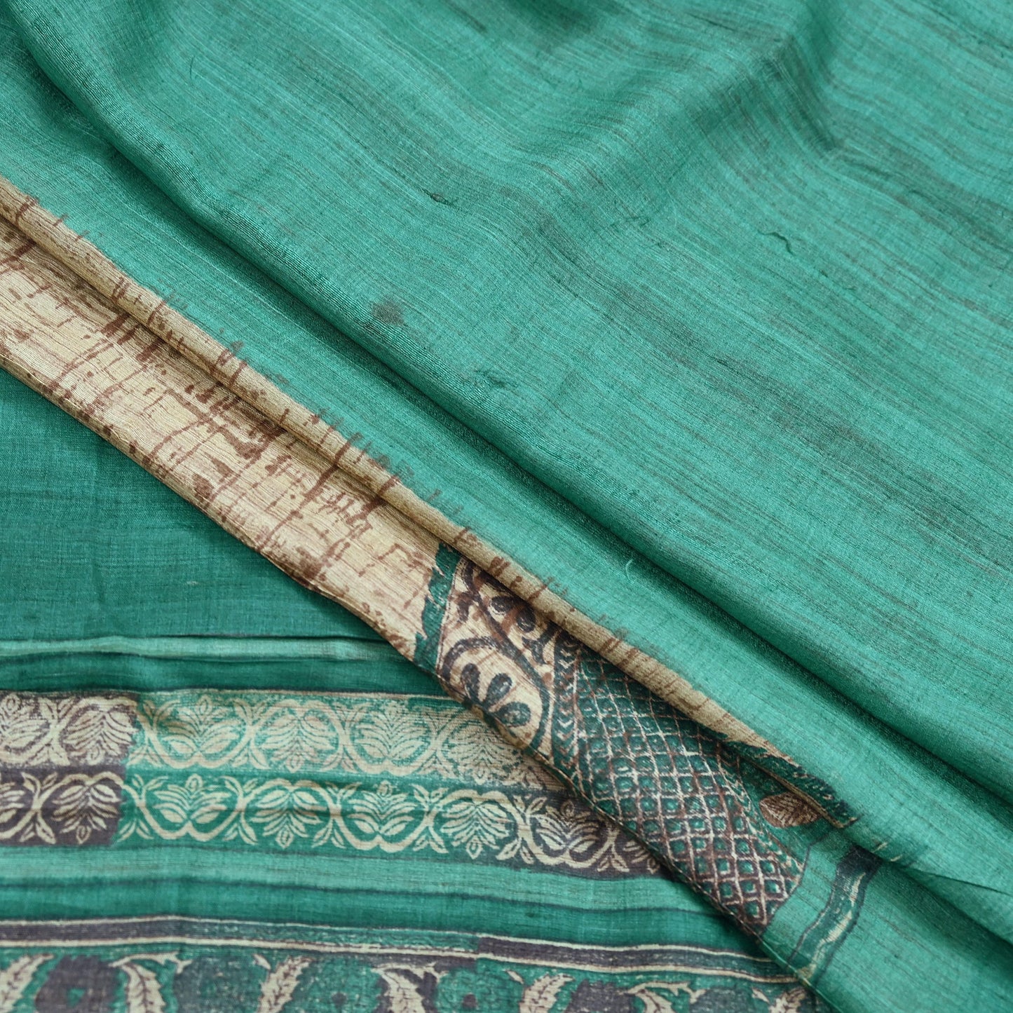 Indian Vintage Green & Beige Saree Pure Khadi Silk Handloom Printed Sari Fabric 5yd Ethnic Wear Sari Stripes Designs Dress making Crafting