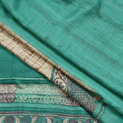 Indian Vintage Green & Beige Saree Pure Khadi Silk Handloom Printed Sari Fabric 5yd Ethnic Wear Sari Stripes Designs Dress making Crafting