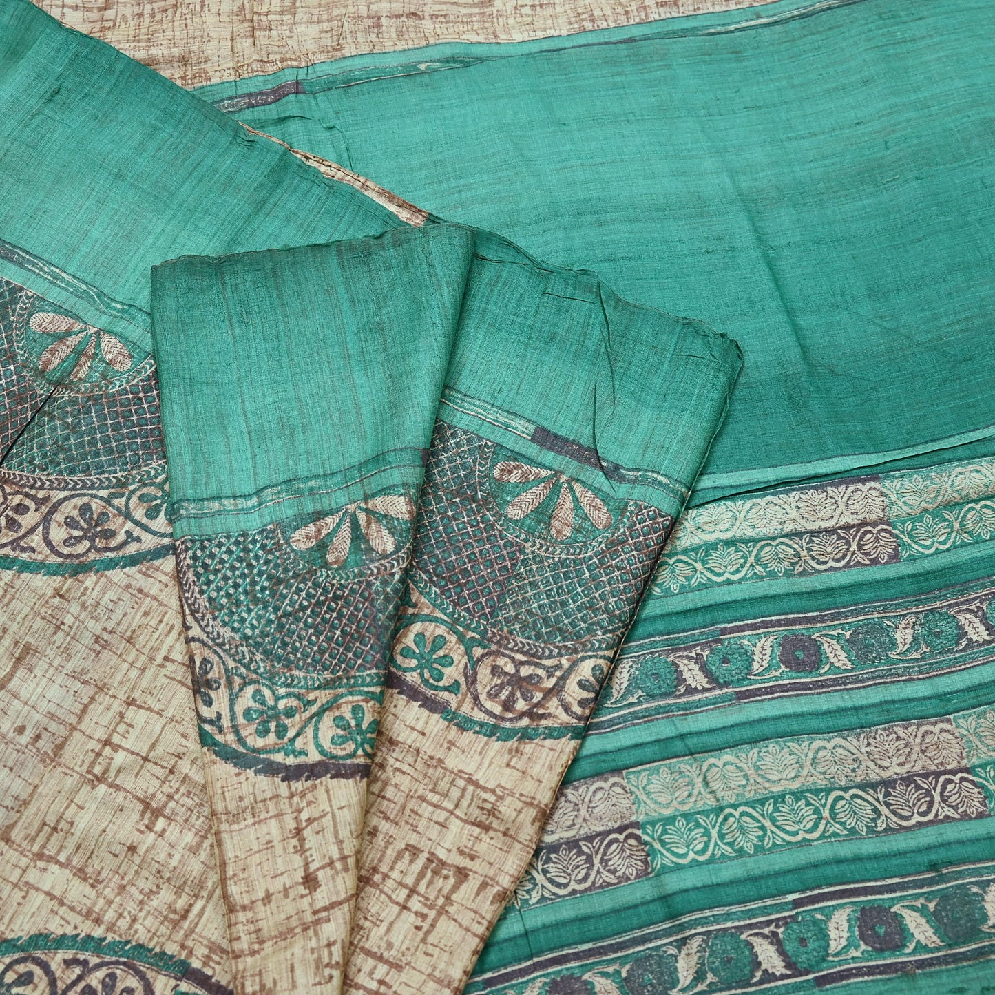 Indian Vintage Green & Beige Saree Pure Khadi Silk Handloom Printed Sari Fabric 5yd Ethnic Wear Sari Stripes Designs Dress making Crafting