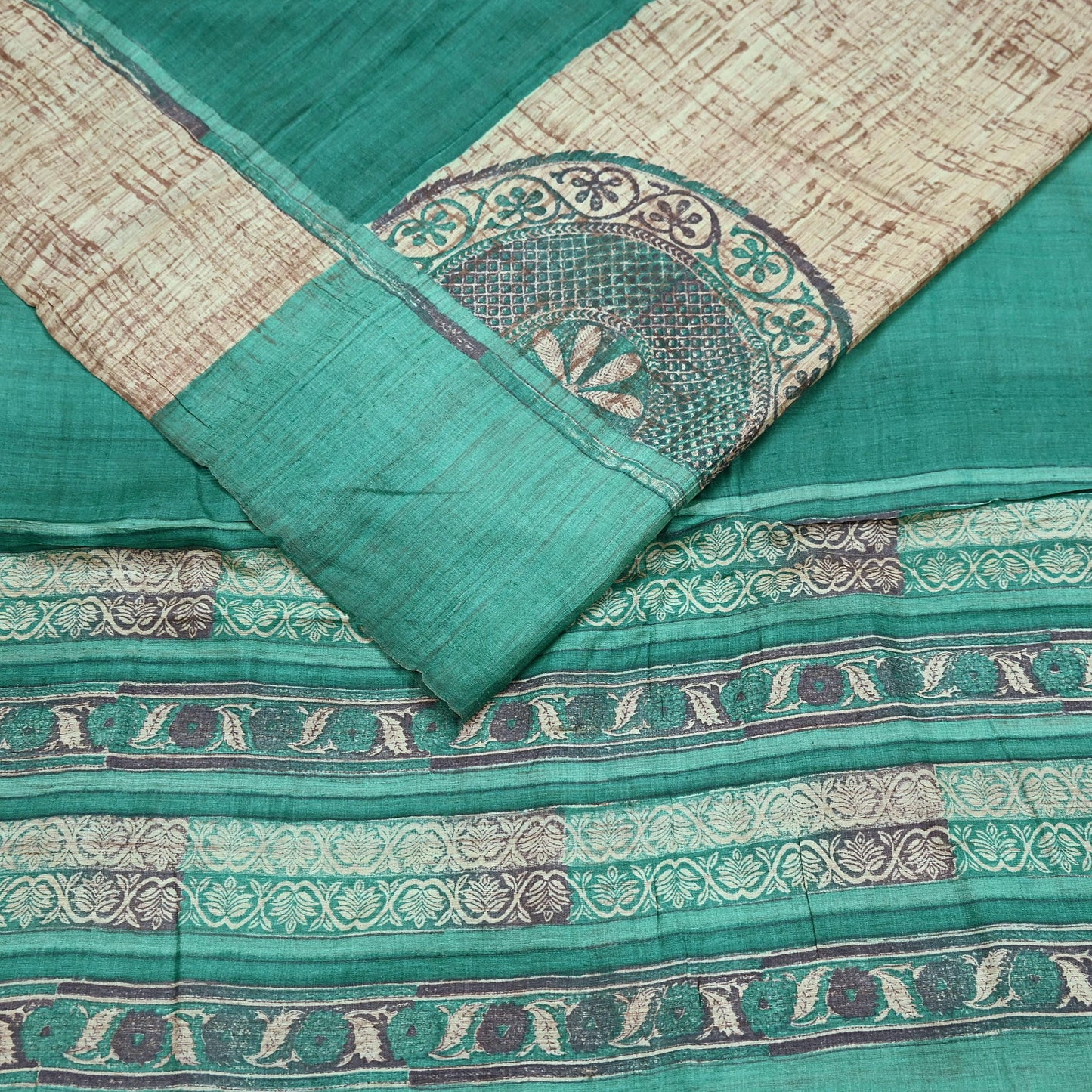 Indian Vintage Green & Beige Saree Pure Khadi Silk Handloom Printed Sari Fabric 5yd Ethnic Wear Sari Stripes Designs Dress making Crafting