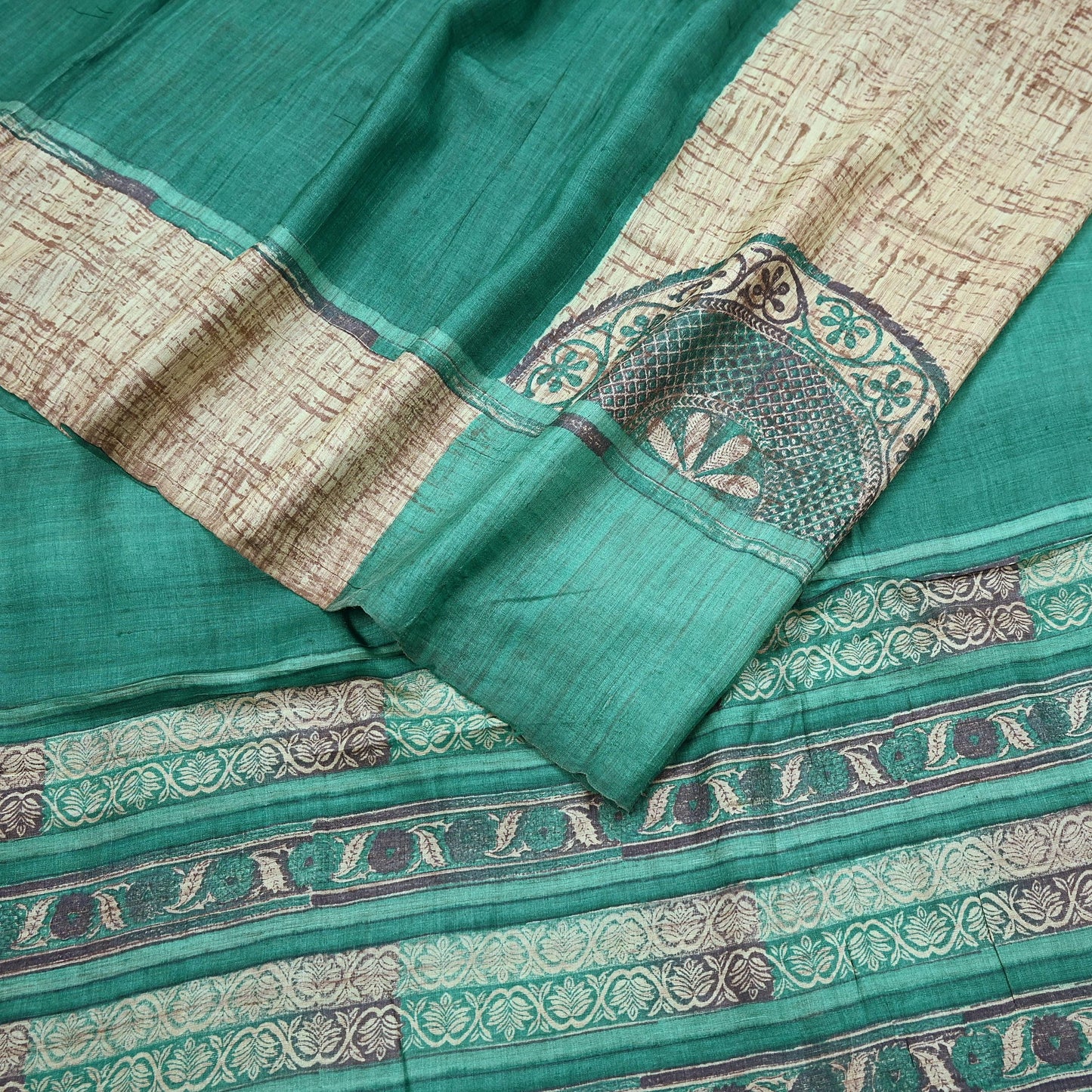 Indian Vintage Green & Beige Saree Pure Khadi Silk Handloom Printed Sari Fabric 5yd Ethnic Wear Sari Stripes Designs Dress making Crafting