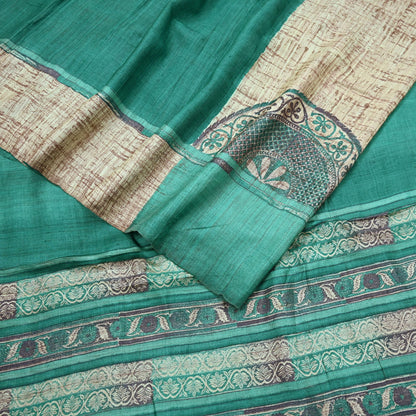 Indian Vintage Green & Beige Saree Pure Khadi Silk Handloom Printed Sari Fabric 5yd Ethnic Wear Sari Stripes Designs Dress making Crafting