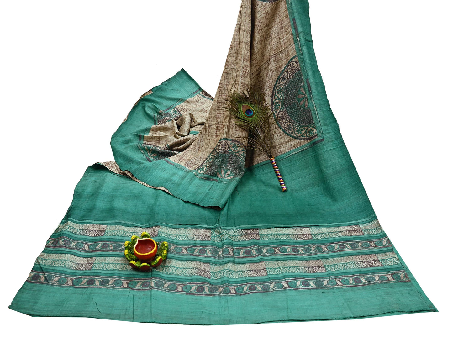 Indian Vintage Green & Beige Saree Pure Khadi Silk Handloom Printed Sari Fabric 5yd Ethnic Wear Sari Stripes Designs Dress making Crafting
