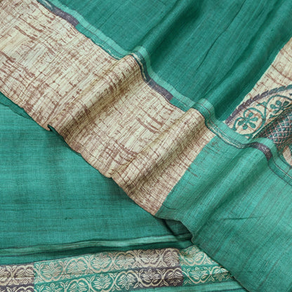 Indian Vintage Green & Beige Saree Pure Khadi Silk Handloom Printed Sari Fabric 5yd Ethnic Wear Sari Stripes Designs Dress making Crafting