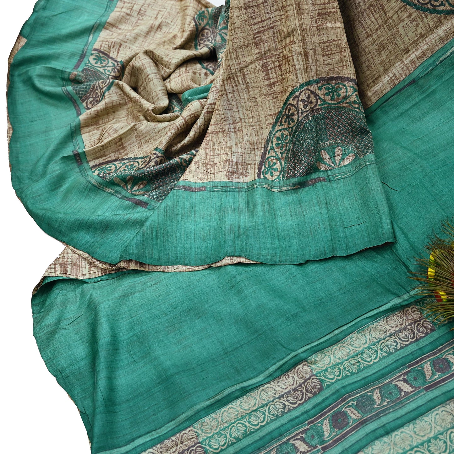 Indian Vintage Green & Beige Saree Pure Khadi Silk Handloom Printed Sari Fabric 5yd Ethnic Wear Sari Stripes Designs Dress making Crafting