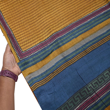 Indian Vintage Mustard Saree Pure Khadi Silk Handloom Printed Sari Fabric 5yd Ethnic Wear Sari Floral Designs Dress making Crafting