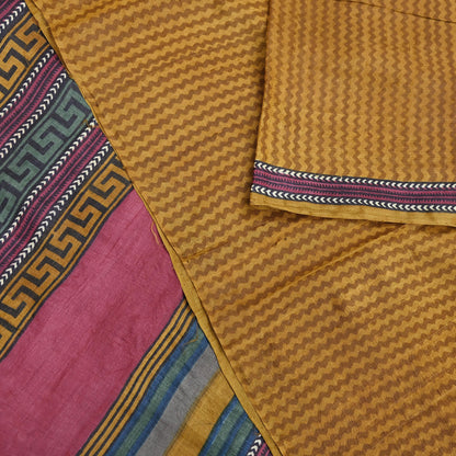 Indian Vintage Mustard Saree Pure Khadi Silk Handloom Printed Sari Fabric 5yd Ethnic Wear Sari Floral Designs Dress making Crafting