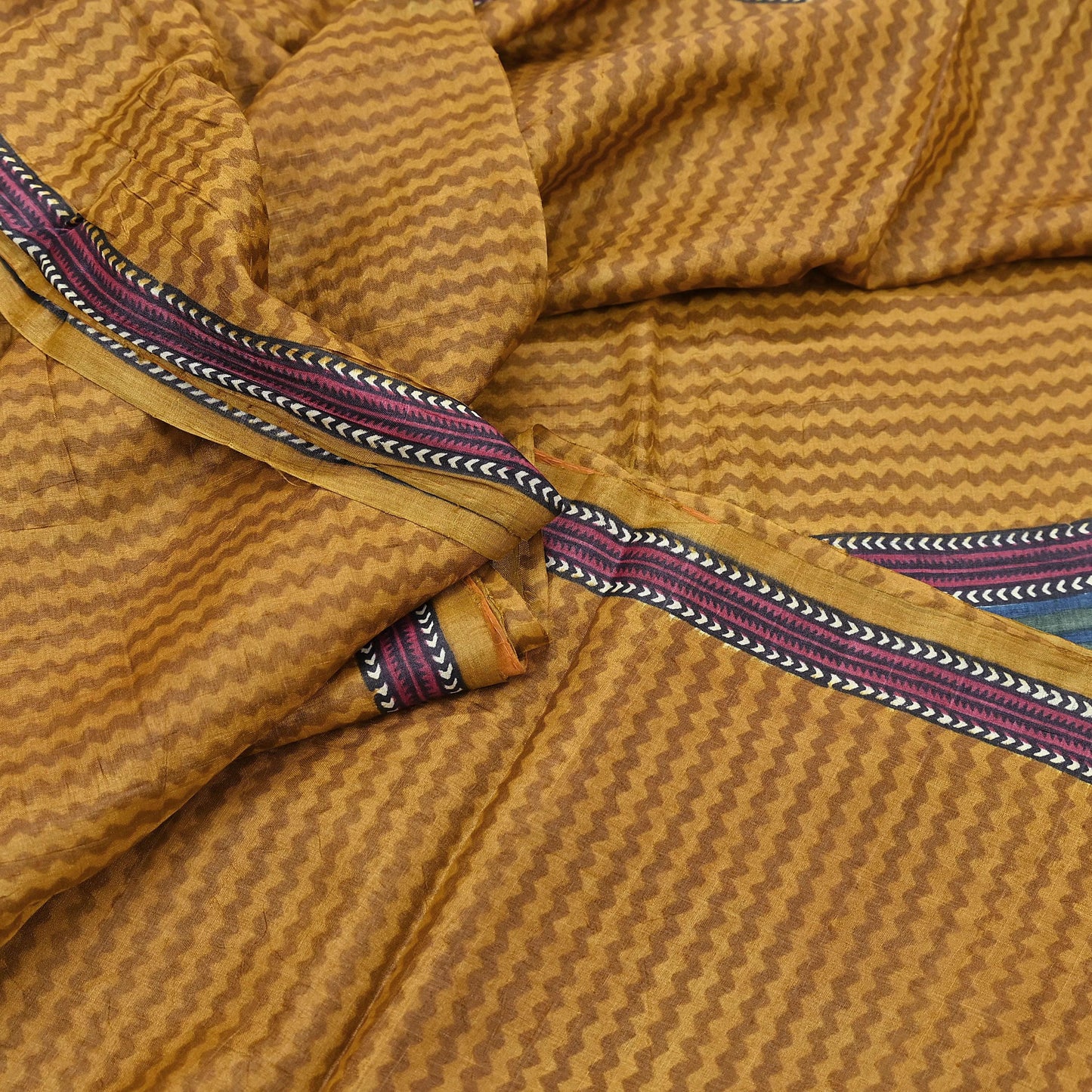 Indian Vintage Mustard Saree Pure Khadi Silk Handloom Printed Sari Fabric 5yd Ethnic Wear Sari Floral Designs Dress making Crafting