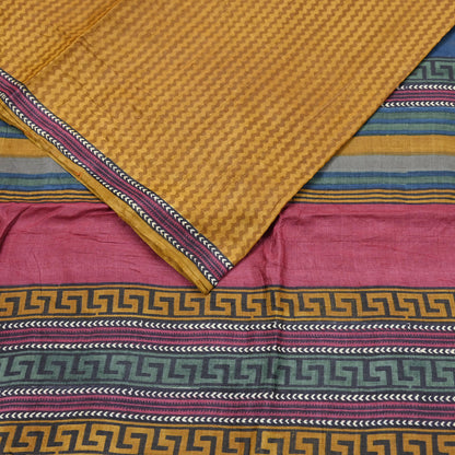 Indian Vintage Mustard Saree Pure Khadi Silk Handloom Printed Sari Fabric 5yd Ethnic Wear Sari Floral Designs Dress making Crafting