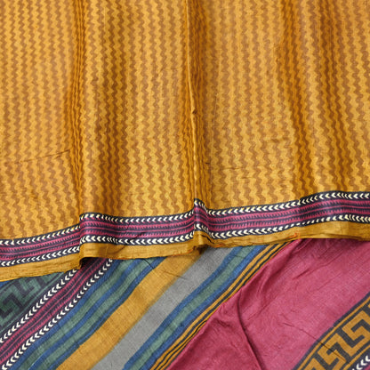 Indian Vintage Mustard Saree Pure Khadi Silk Handloom Printed Sari Fabric 5yd Ethnic Wear Sari Floral Designs Dress making Crafting
