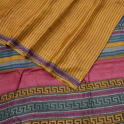 Indian Vintage Mustard Saree Pure Khadi Silk Handloom Printed Sari Fabric 5yd Ethnic Wear Sari Floral Designs Dress making Crafting