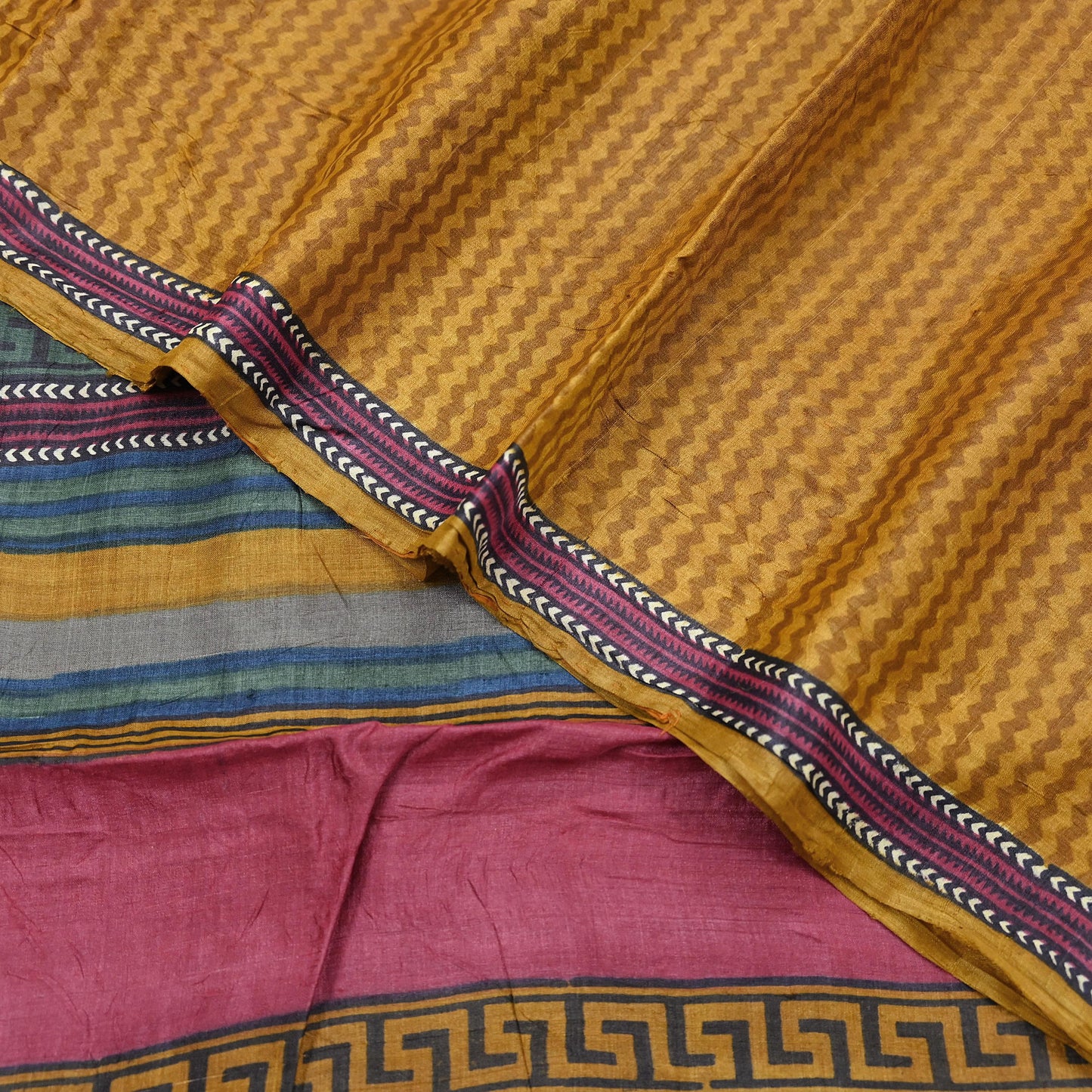 Indian Vintage Mustard Saree Pure Khadi Silk Handloom Printed Sari Fabric 5yd Ethnic Wear Sari Floral Designs Dress making Crafting