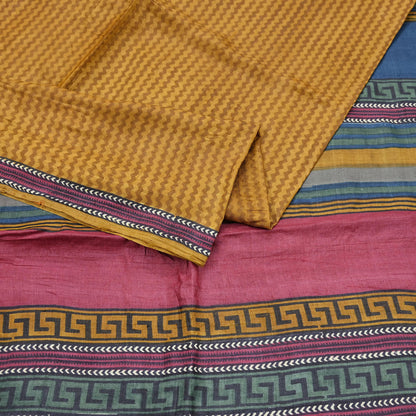 Indian Vintage Mustard Saree Pure Khadi Silk Handloom Printed Sari Fabric 5yd Ethnic Wear Sari Floral Designs Dress making Crafting