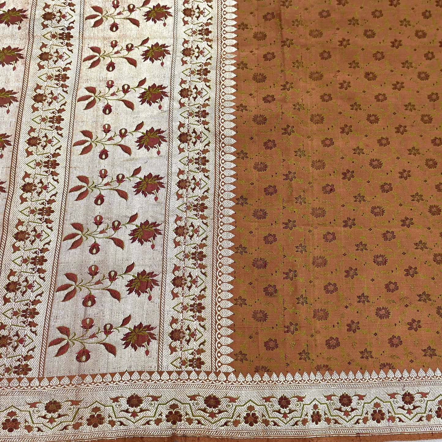 Indian Vintage Brown Heavy Wedding Saree Pure Satin Silk Woven Tanchoi Brocade Sari Fabric Golden Zari 5Yard Indian Sari