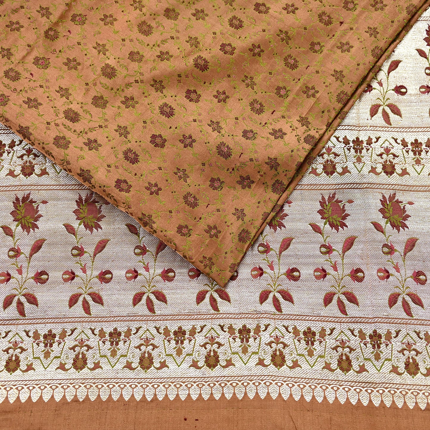 Indian Vintage Brown Heavy Wedding Saree Pure Satin Silk Woven Tanchoi Brocade Sari Fabric Golden Zari 5Yard Indian Sari