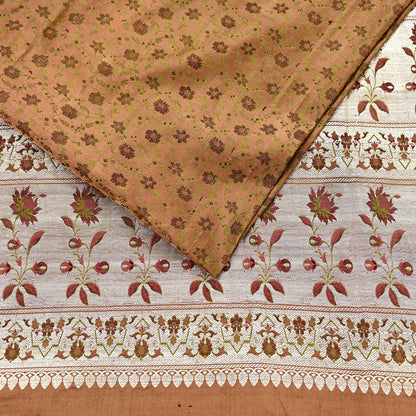 Indian Vintage Brown Heavy Wedding Saree Pure Satin Silk Woven Tanchoi Brocade Sari Fabric Golden Zari 5Yard Indian Sari