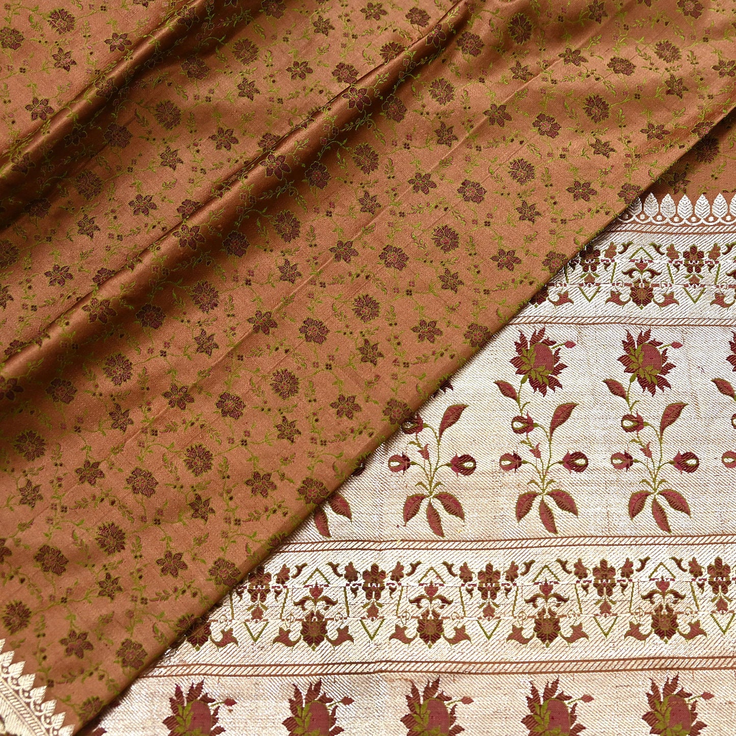 Indian Vintage Brown Heavy Wedding Saree Pure Satin Silk Woven Tanchoi Brocade Sari Fabric Golden Zari 5Yard Indian Sari