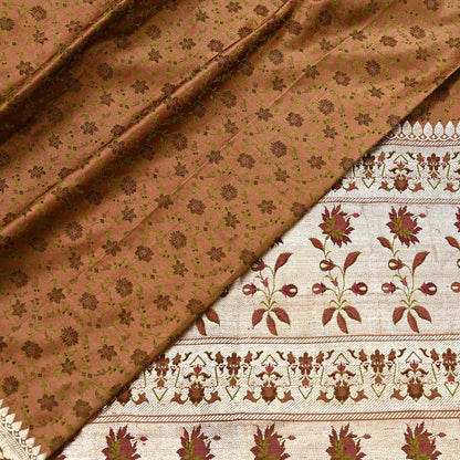 Indian Vintage Brown Heavy Wedding Saree Pure Satin Silk Woven Tanchoi Brocade Sari Fabric Golden Zari 5Yard Indian Sari