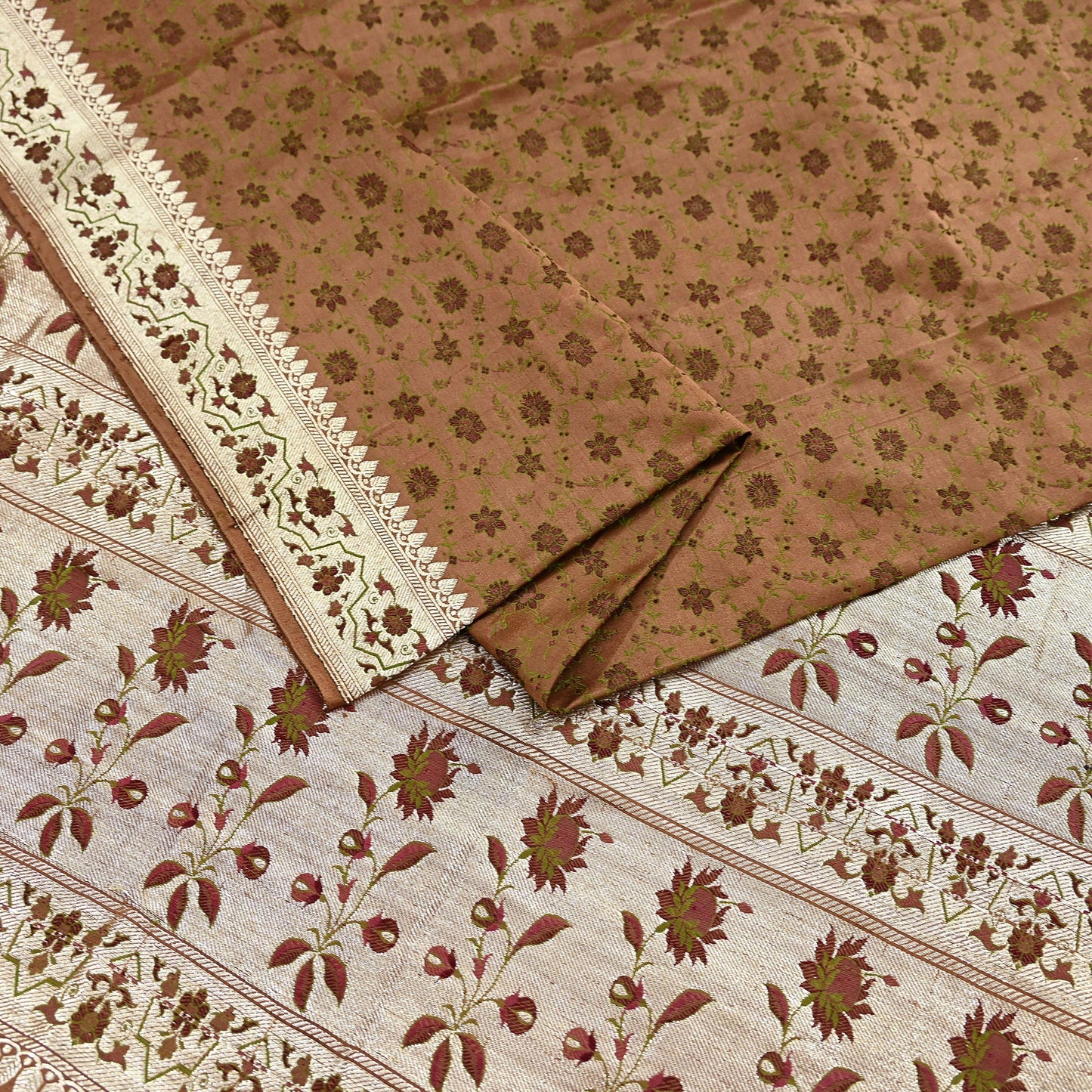 Indian Vintage Brown Heavy Wedding Saree Pure Satin Silk Woven Tanchoi Brocade Sari Fabric Golden Zari 5Yard Indian Sari