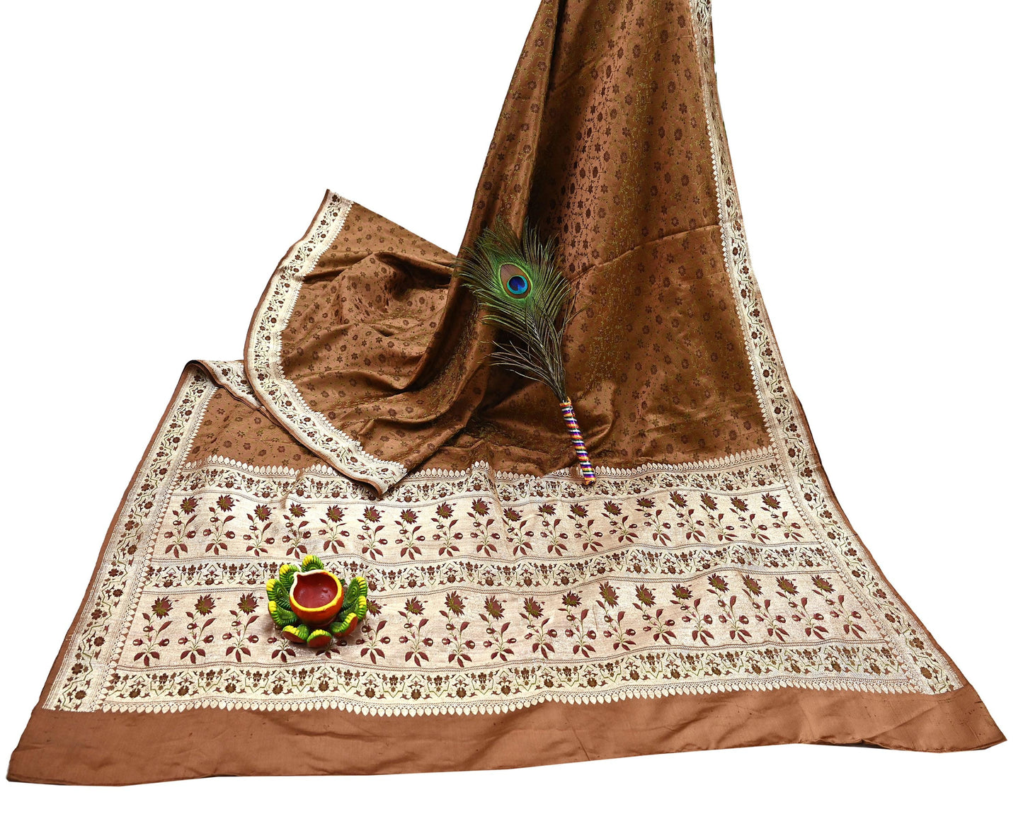 Indian Vintage Brown Heavy Wedding Saree Pure Satin Silk Woven Tanchoi Brocade Sari Fabric Golden Zari 5Yard Indian Sari