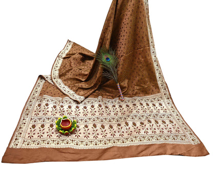 Indian Vintage Brown Heavy Wedding Saree Pure Satin Silk Woven Tanchoi Brocade Sari Fabric Golden Zari 5Yard Indian Sari